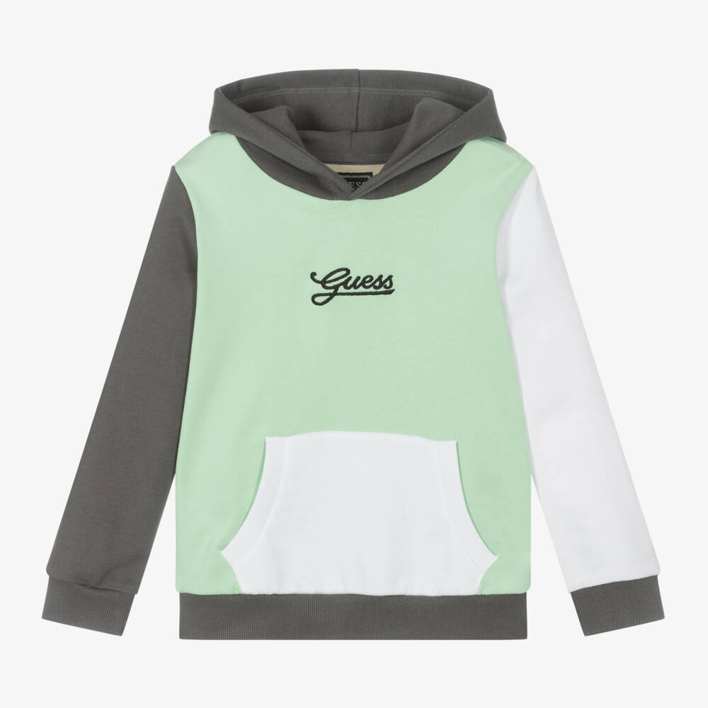 Guess-Boys Cotton Hoodie in Green Blocks | Childrensalon Outlet