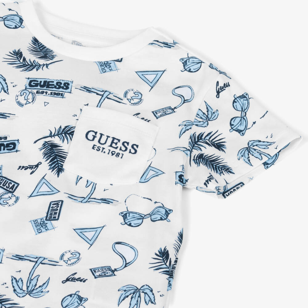Guess-Boys Cotton Tee with Tropical Motif | Childrensalon Outlet