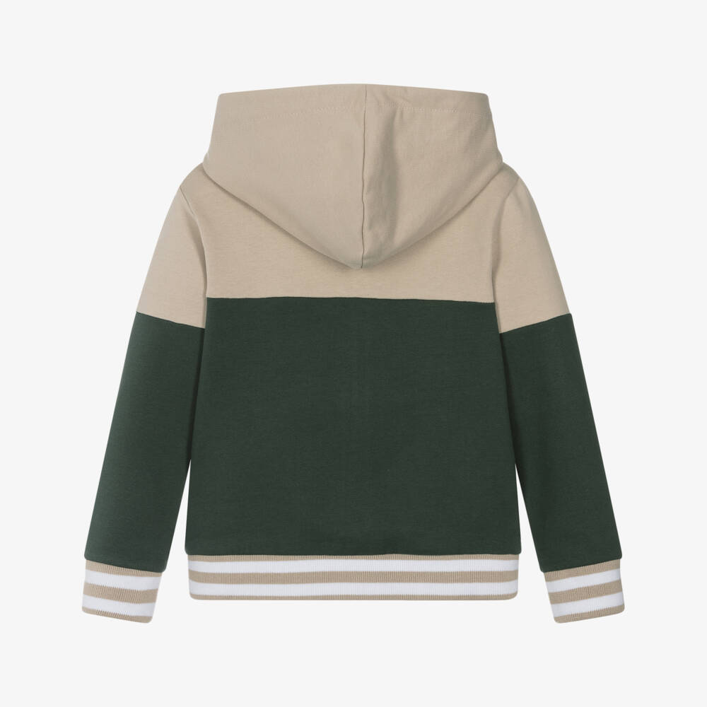 Guess-Boys Green & Beige Cotton Zip-Up Hoodie with Embroidered Logo | Childrensalon Outlet