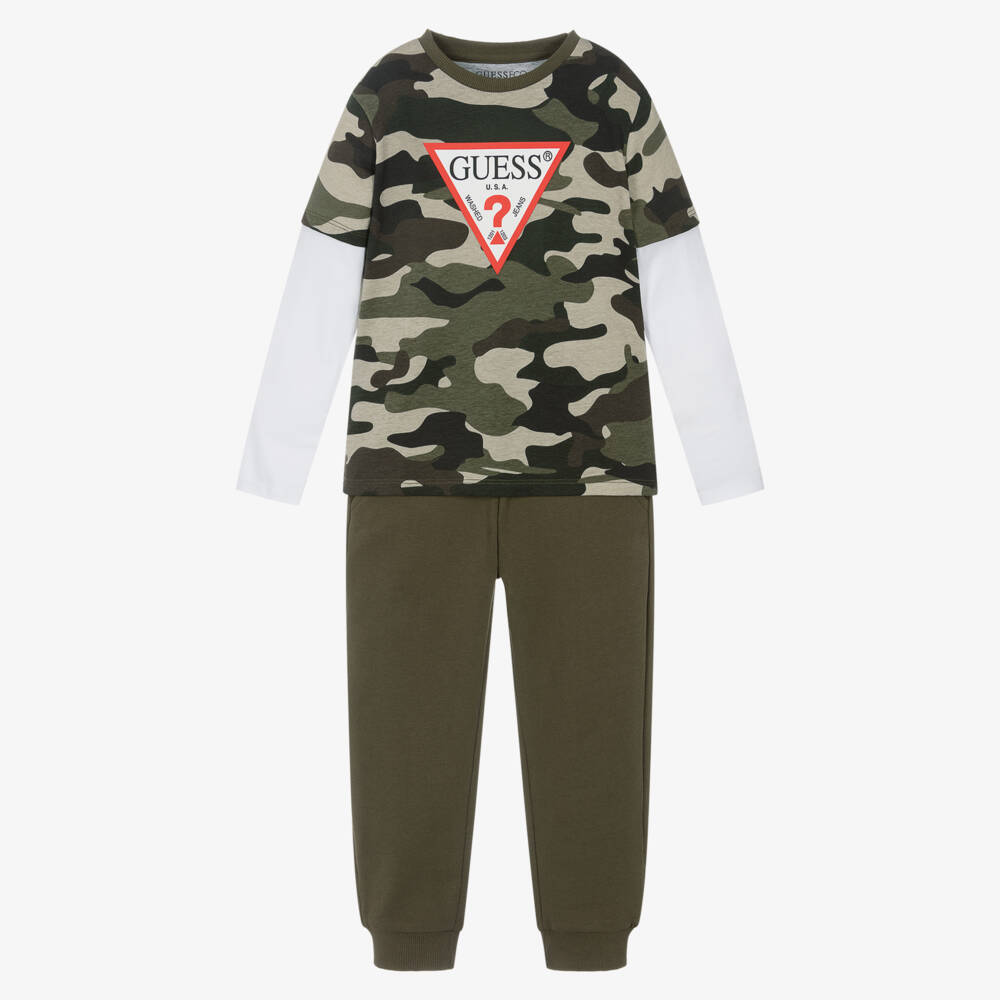 Guess-Boys Green Camouflage Cotton Outfit Set | Childrensalon Outlet
