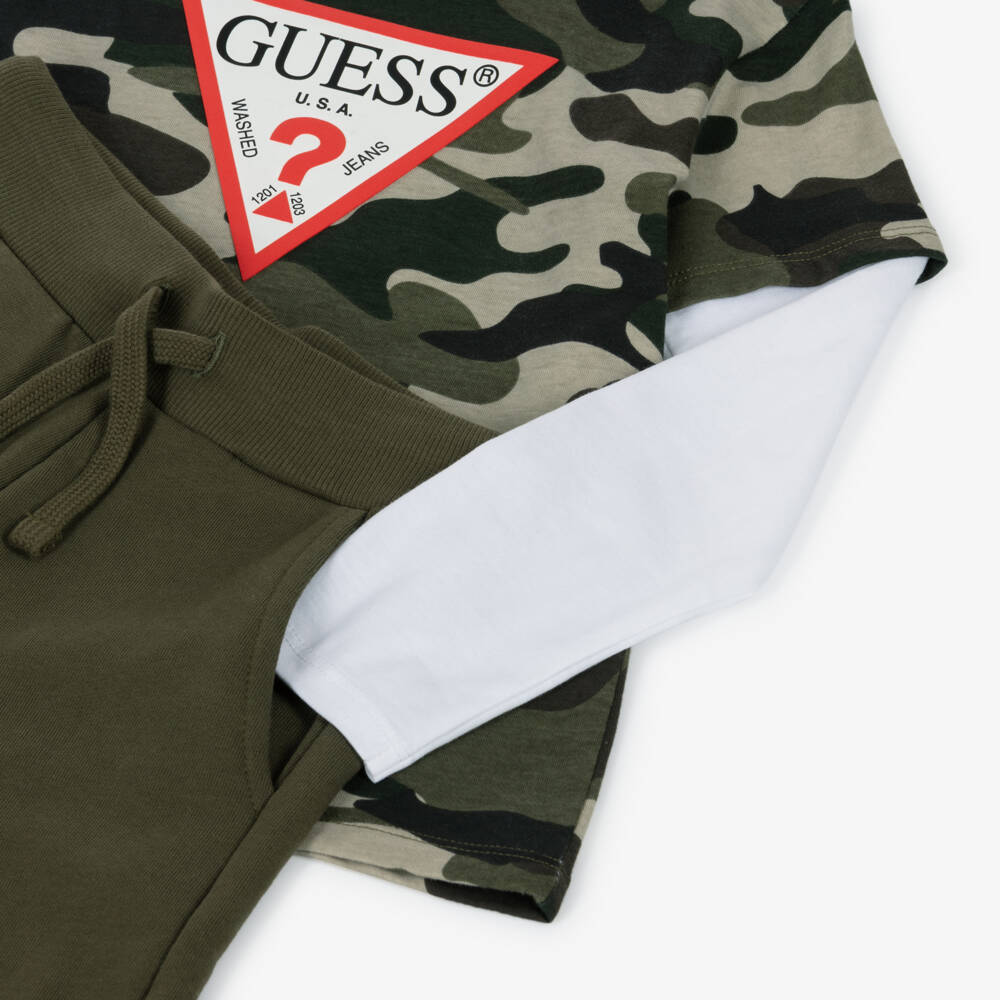 Guess-Boys Green Cotton Camoflage Triangle Logo Top & Joggers Set | Childrensalon Outlet