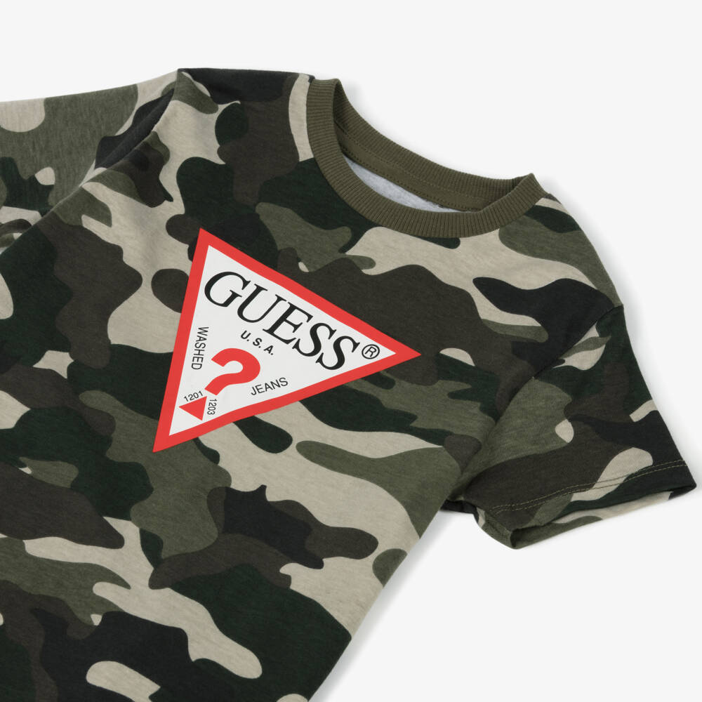 Guess-Boys Green Cotton Camouflage Print T-Shirt | Childrensalon Outlet