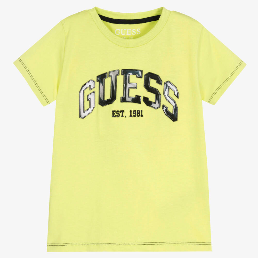 Guess - تيشيرت قطن لون أخضر ليموني للأولاد | Childrensalon