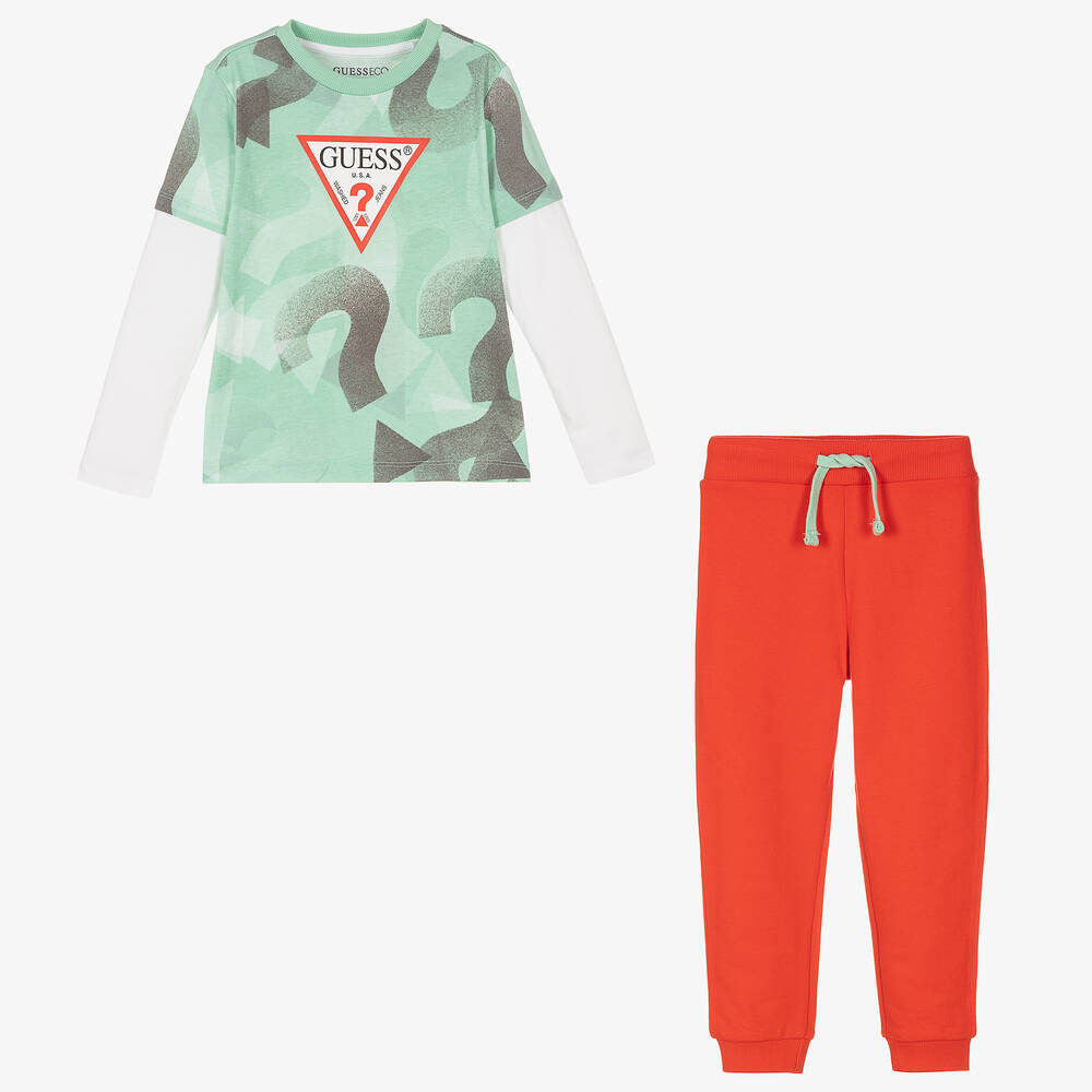 Guess-طقم جوغرز قطن لون أخضر وبرتقالي للأولاد | Childrensalon Outlet