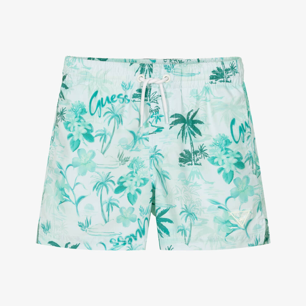 Guess-Boys Green Tropical Logo Print Swim Shorts | Childrensalon Outlet