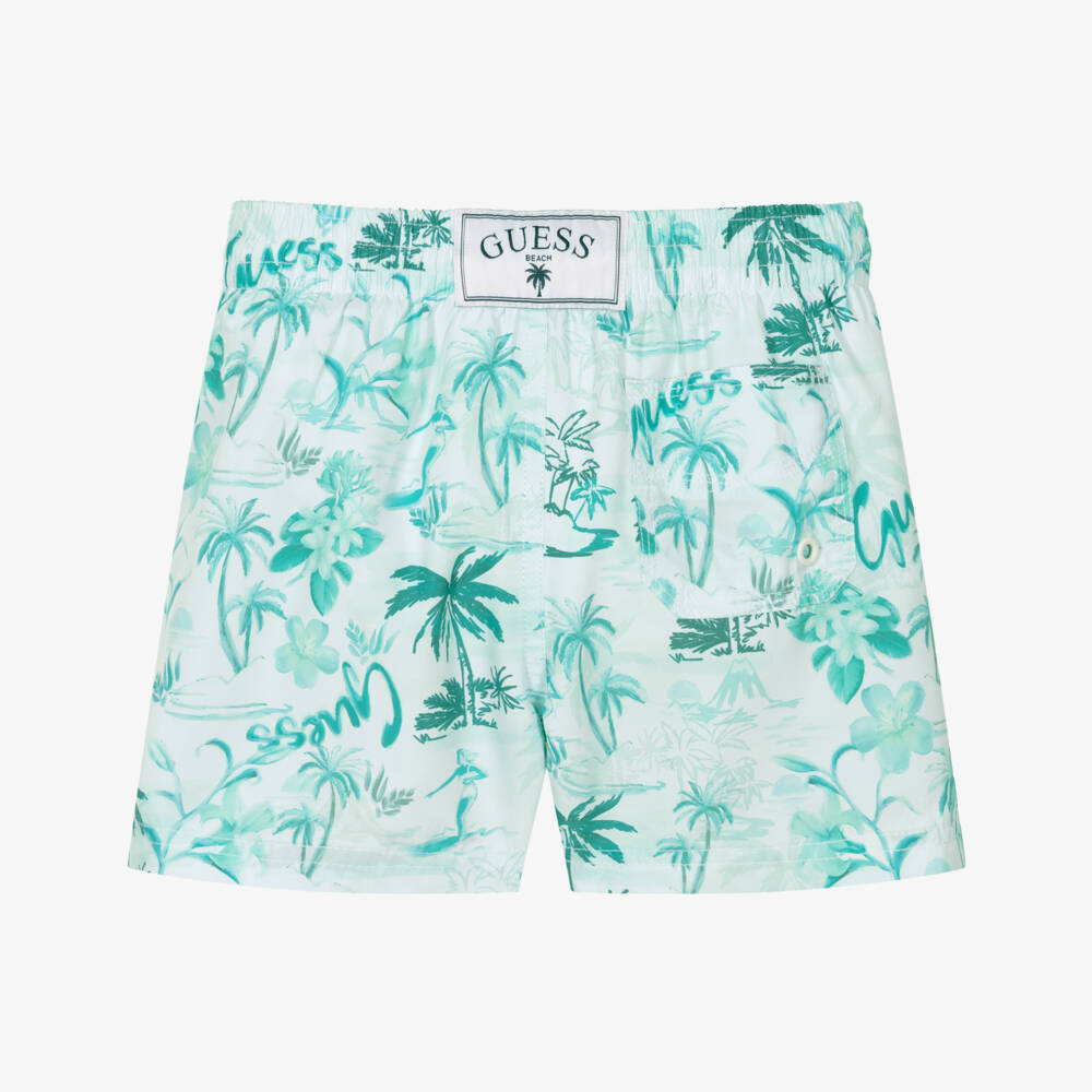 Guess-Плавки-шорты зелёные с тропическим принтом и логотипом для мальчиков | Childrensalon Outlet