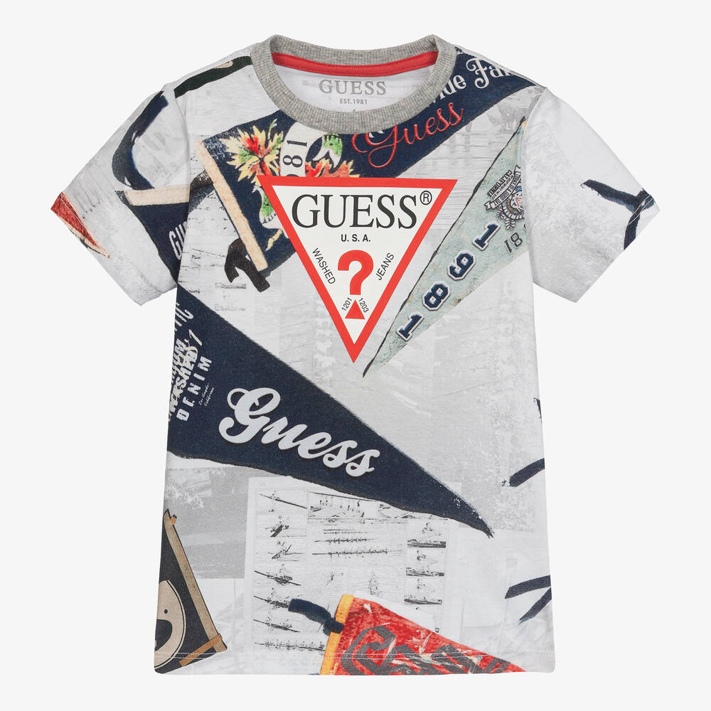 Guess Boys Grey Cotton Printed T Shirt Childrensalon Outlet