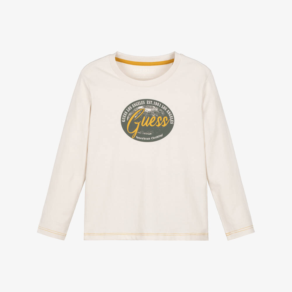 Guess-Boys Light Beige Cotton Top with Logo Print | Childrensalon Outlet