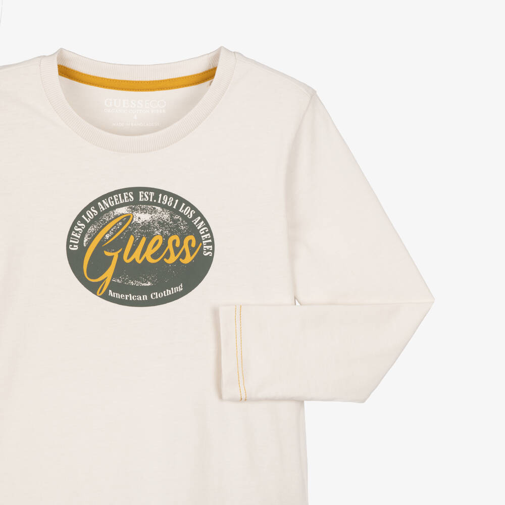 Guess-Boys Light Beige Cotton Top with Logo Print | Childrensalon Outlet