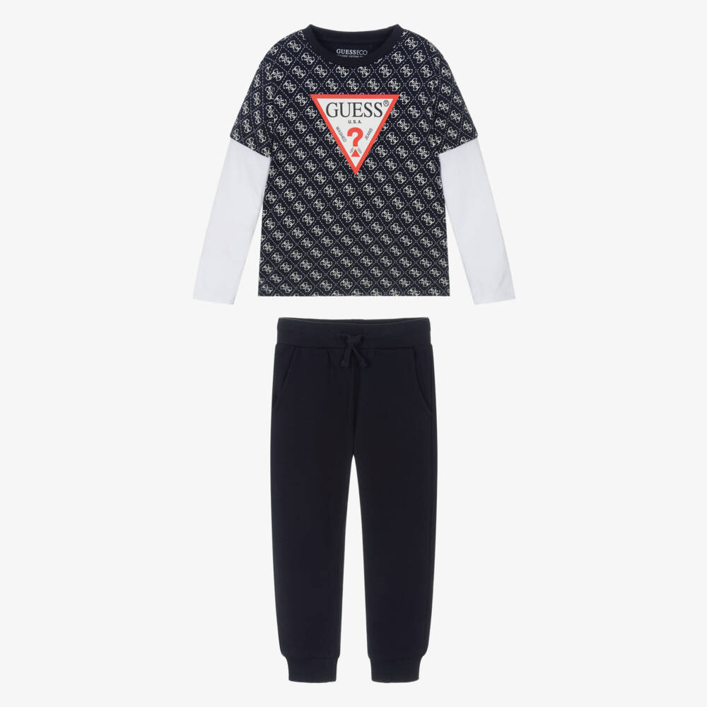Guess-Boys Navy Blue Cotton 4G Logo Top & Joggers Set | Childrensalon Outlet
