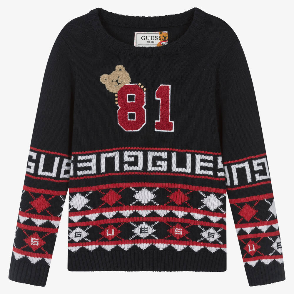 Guess - Boys Navy Blue Cotton Teddy Bear Sweater | Childrensalon