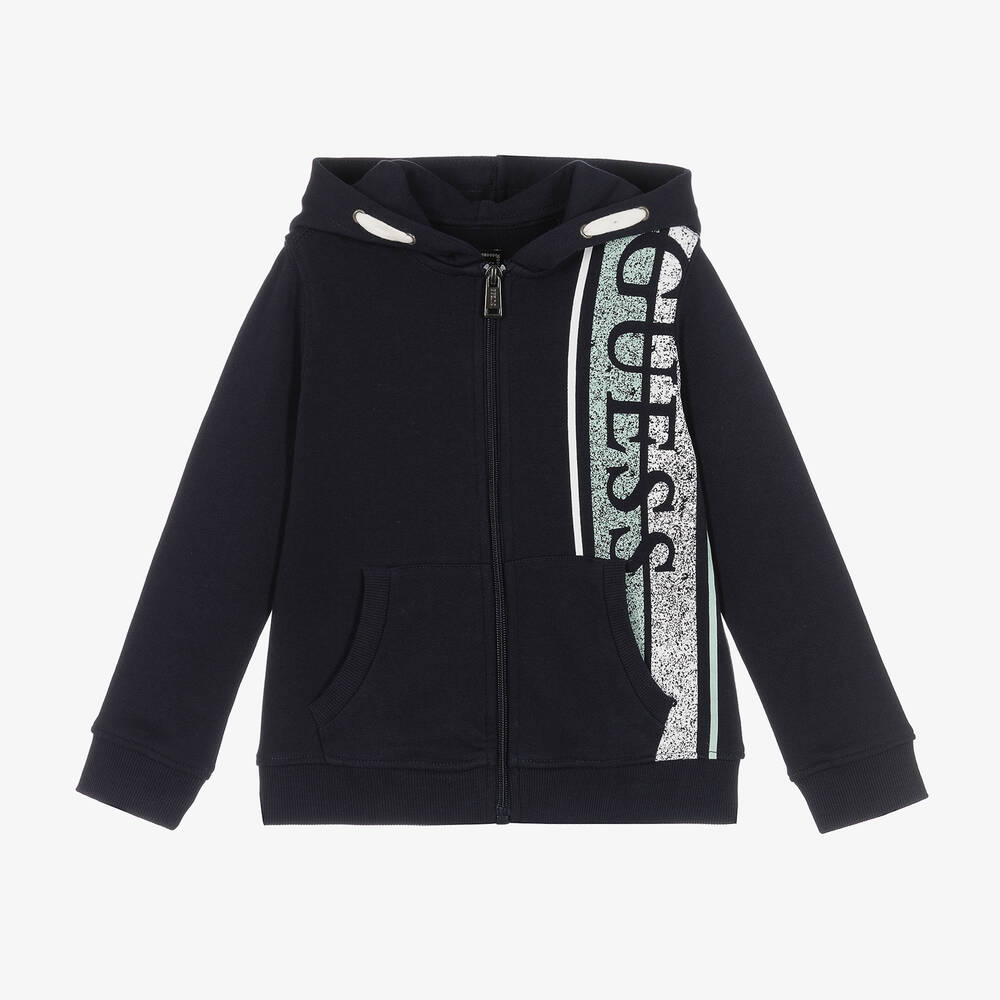 Guess - Sweat à capuche bleu marine zippé en coton garçon | Childrensalon