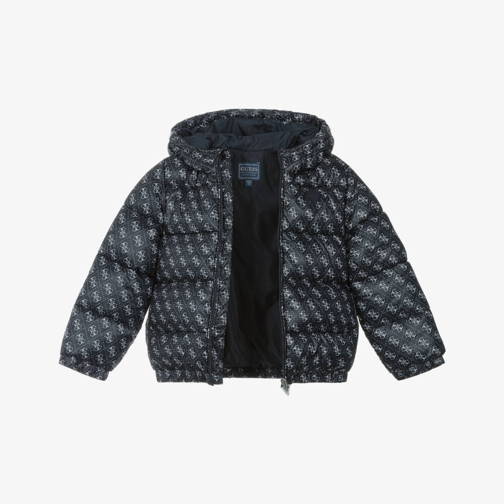 Guess-Boys Navy Blue Hooded Puffer Jacket with 4G Logo Pattern | Childrensalon Outlet