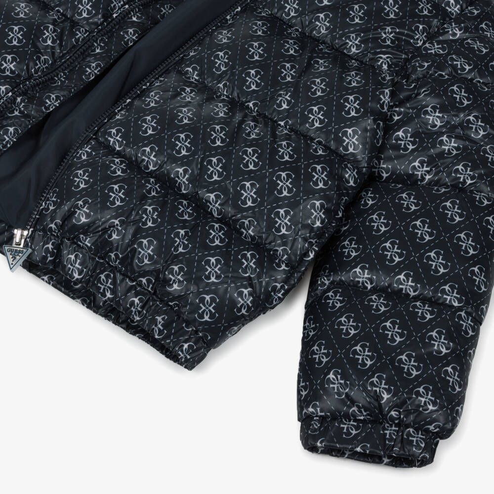 Guess-Boys Navy Blue Hooded Puffer Jacket with 4G Logo Pattern | Childrensalon Outlet