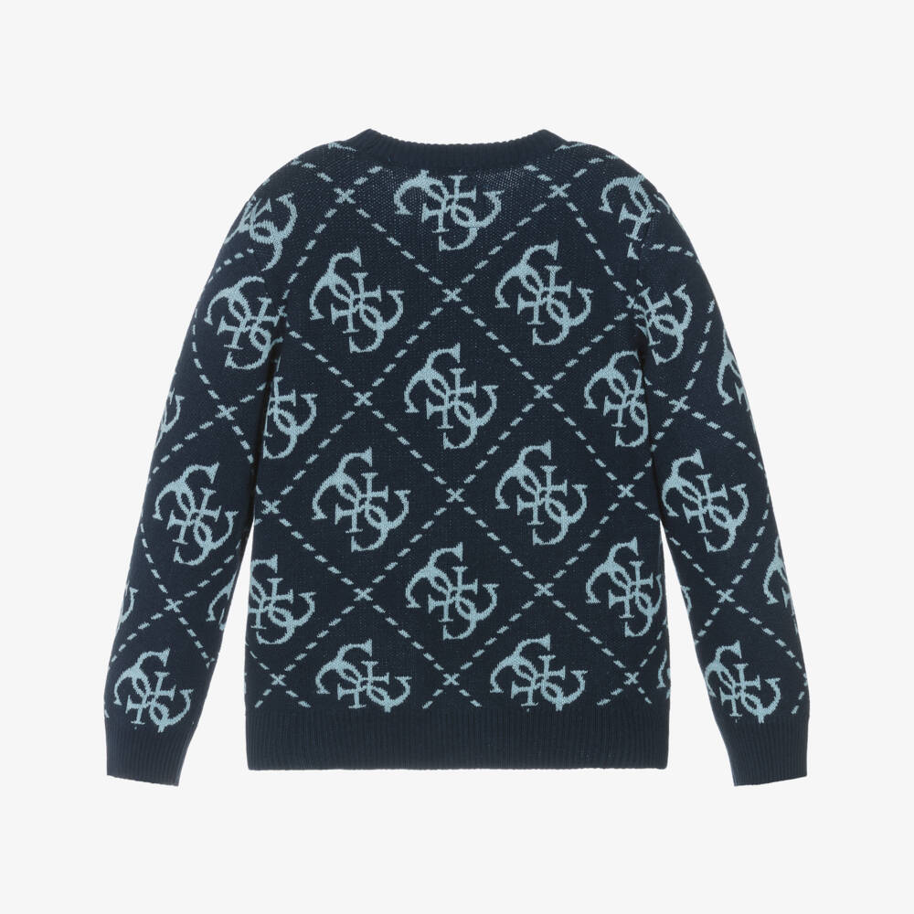 Guess-Boys Navy Blue Knitted Intarsia 4G Logo Sweater | Childrensalon Outlet