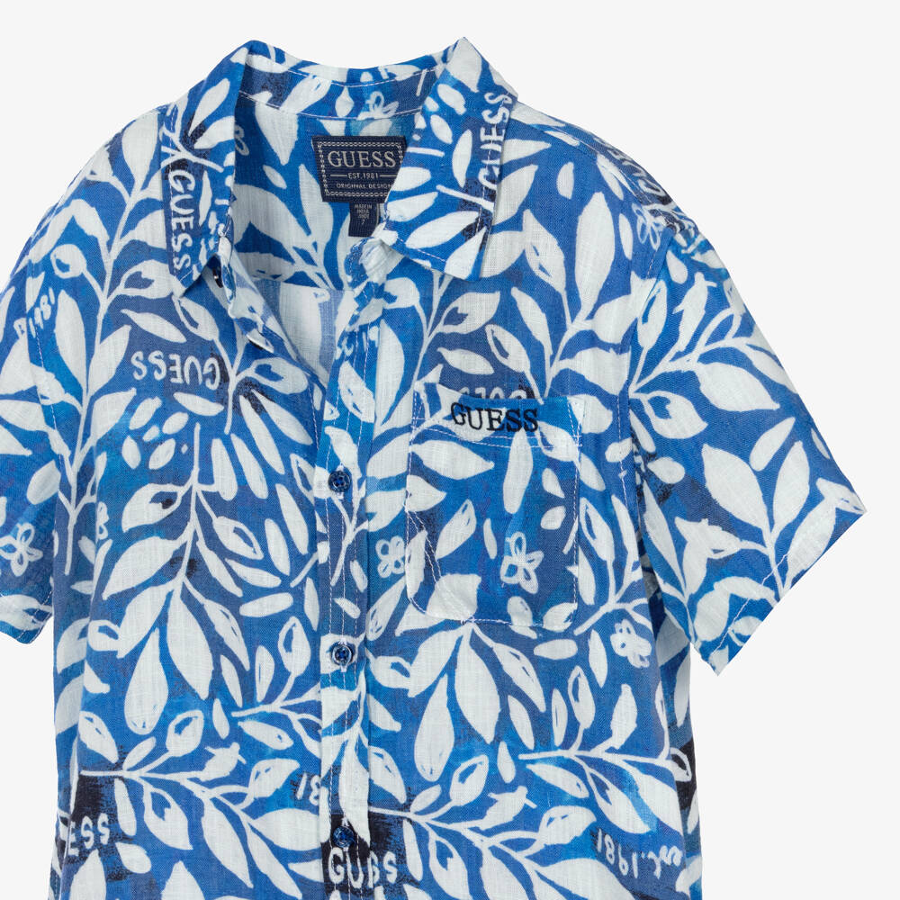 Guess-Boys Navy Blue Leaf Pattern Shirt | Childrensalon Outlet