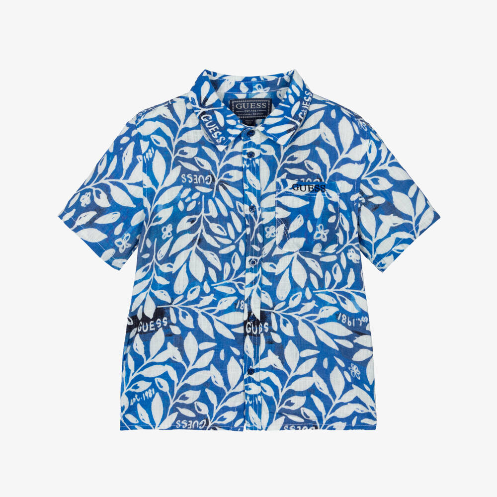 Guess-Boys Navy Blue Leaf Pattern Shirt | Childrensalon Outlet