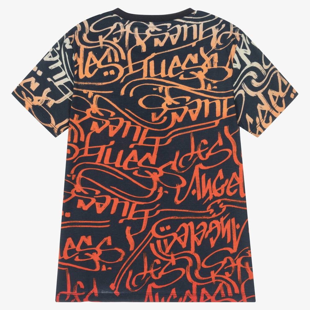 orange and blue guess shirt