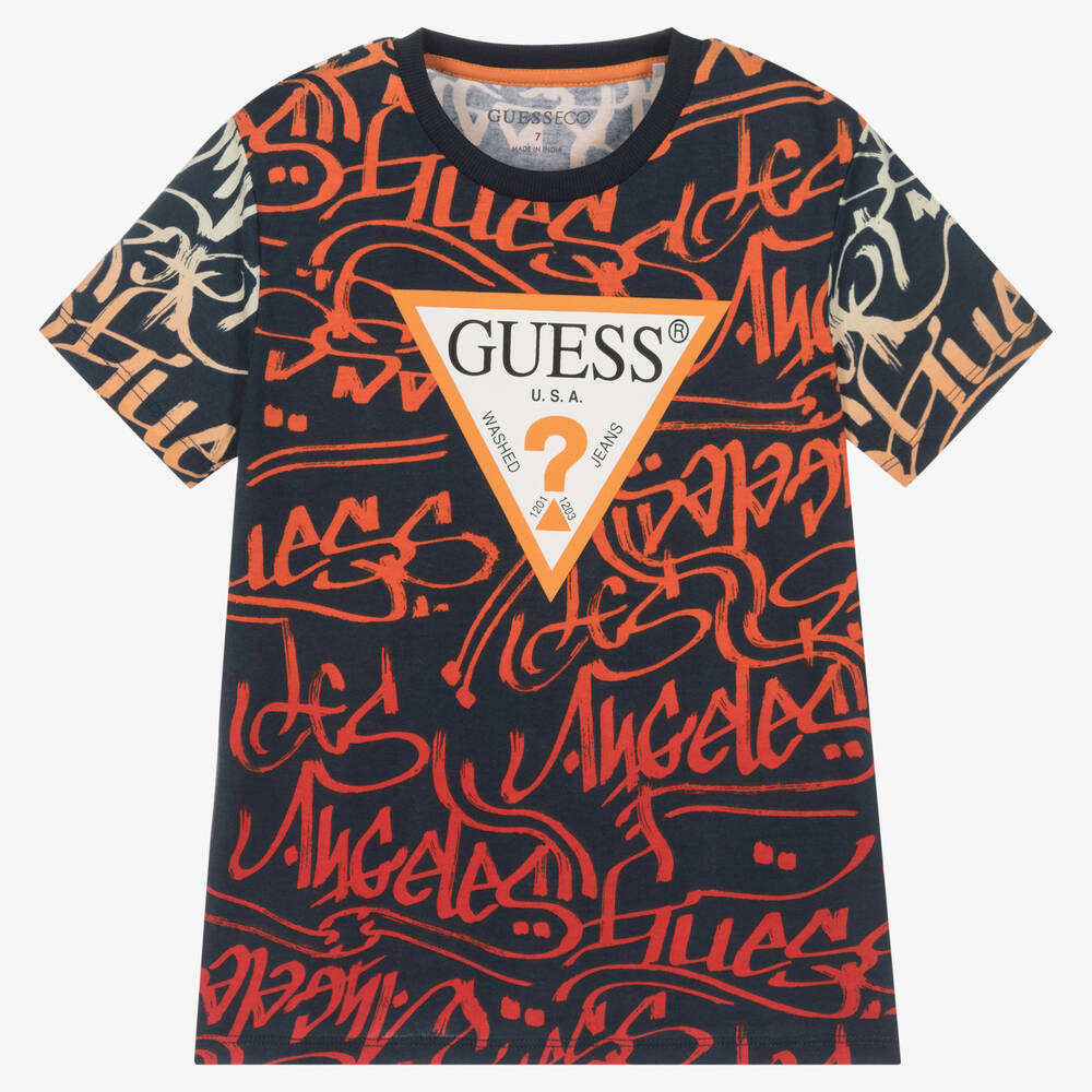Guess Boys Navy Blue Orange Logo T Shirt Childrensalon Outlet