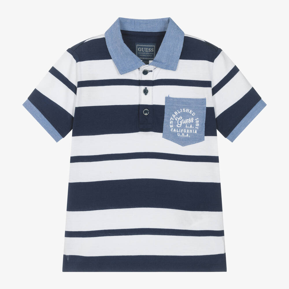 Guess-Boys Navy Blue Striped Cotton Polo Shirt | Childrensalon Outlet