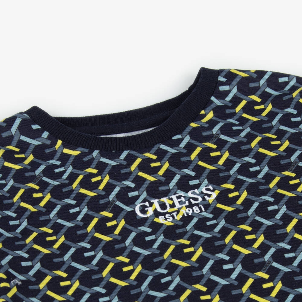 Guess-Футболка из хлопка с узором синяя для мальчиков | Childrensalon Outlet