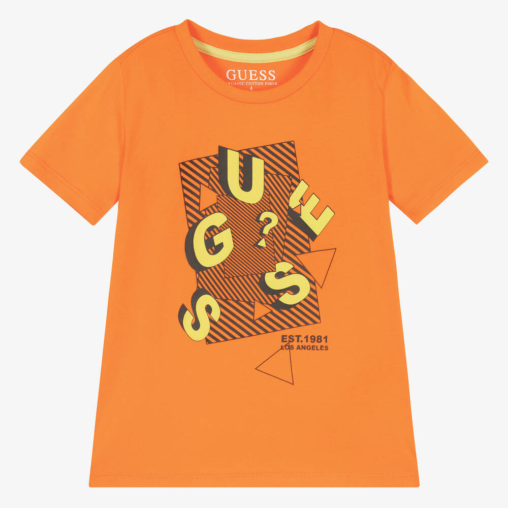 Guess - تيشيرت قطن عضوي لون برتقالي للأولاد | Childrensalon