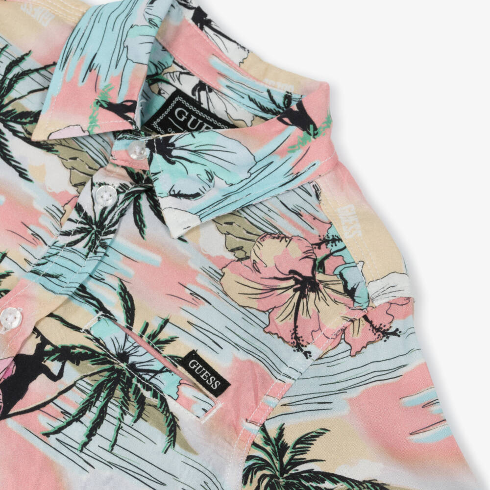 Guess-Boys Pink Tropical Open Collar Shirt | Childrensalon Outlet