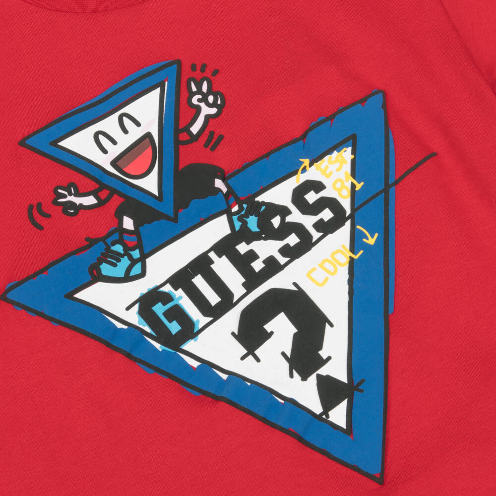 Guess-Boys Red Cotton Cartoon Logo T-Shirt | Childrensalon Outlet