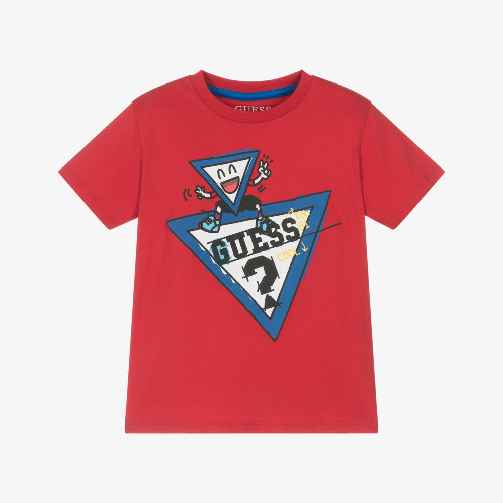 Guess-Boys Red Cotton Cartoon Logo T-Shirt | Childrensalon Outlet