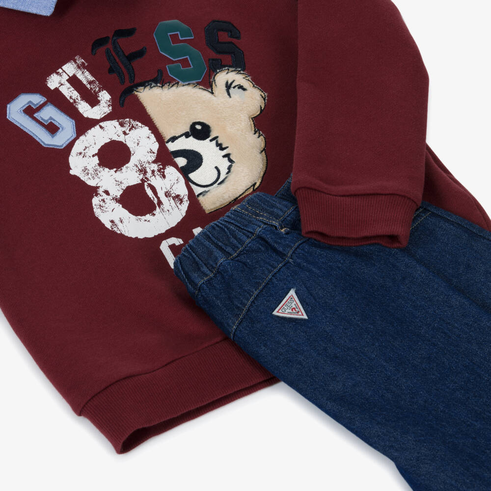 Guess-Boys Red Teddy Bear Sweatshirt & Blue Jeans Set | Childrensalon Outlet