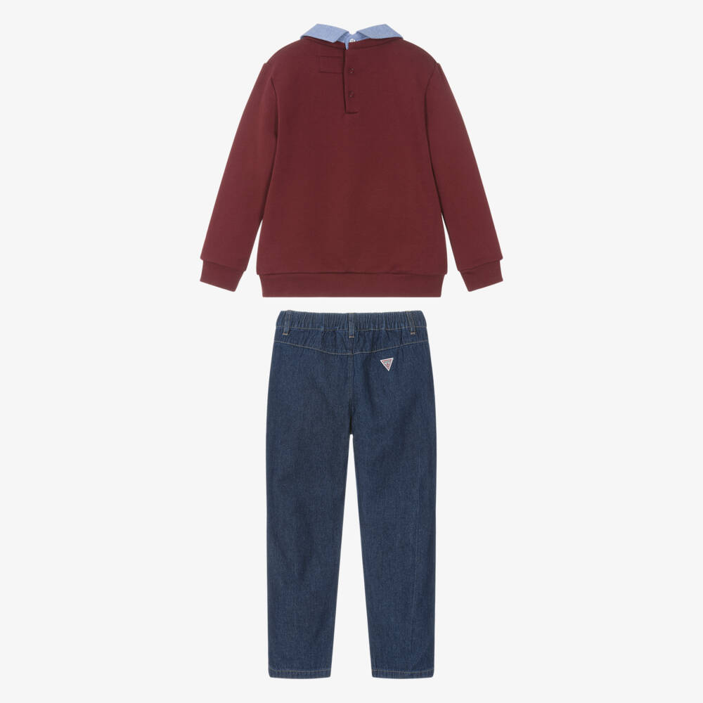 Guess-Boys Red Teddy Bear Sweatshirt & Blue Jeans Set | Childrensalon Outlet