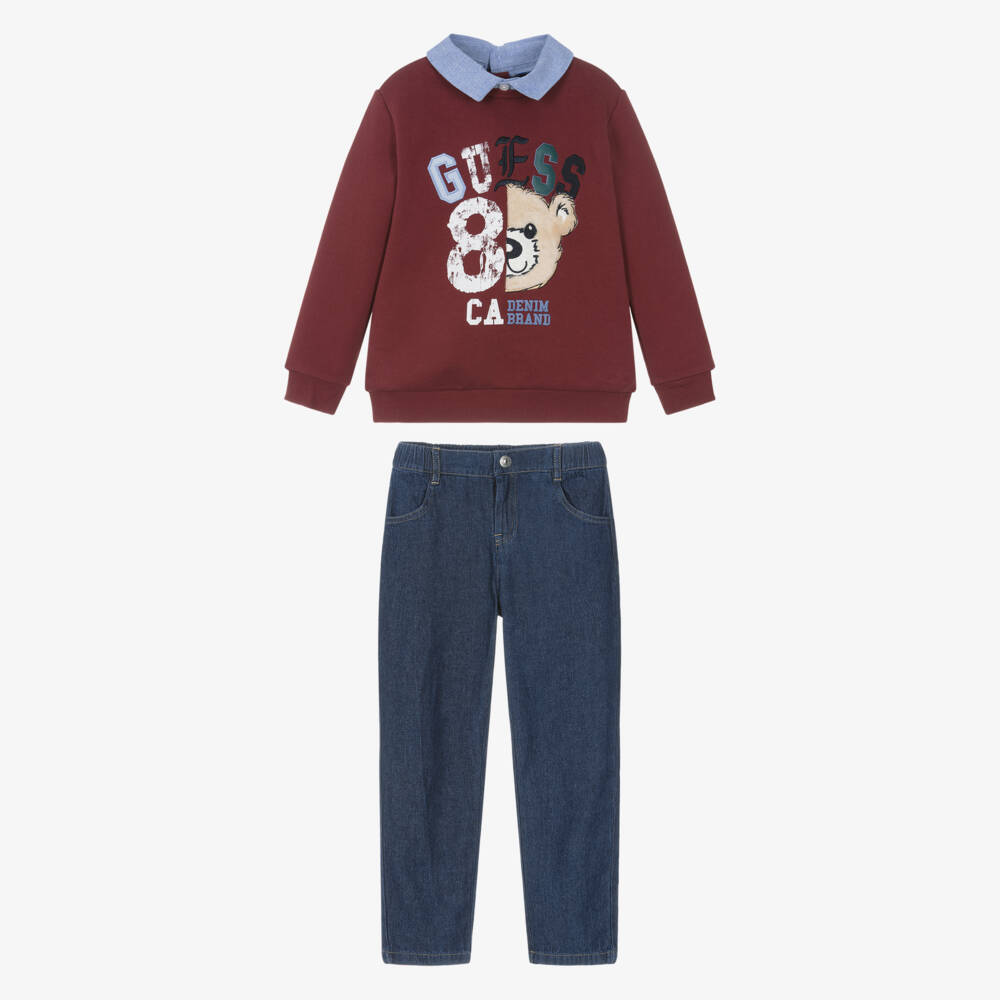 Guess-Boys Red Teddy Bear Sweatshirt & Blue Jeans Set | Childrensalon Outlet