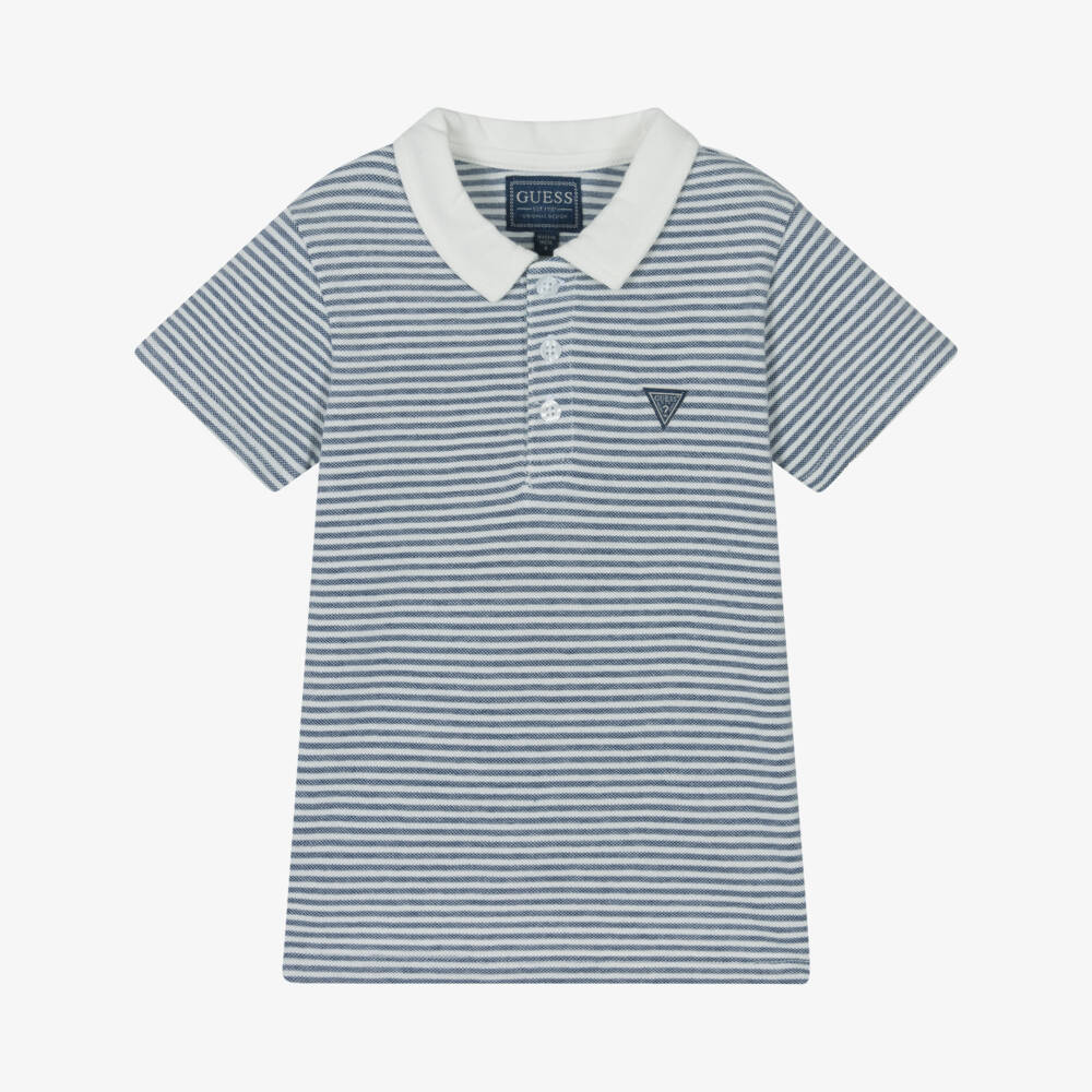 Guess-قميص بولو قطني مخطط أزرق للأولاد | Childrensalon Outlet