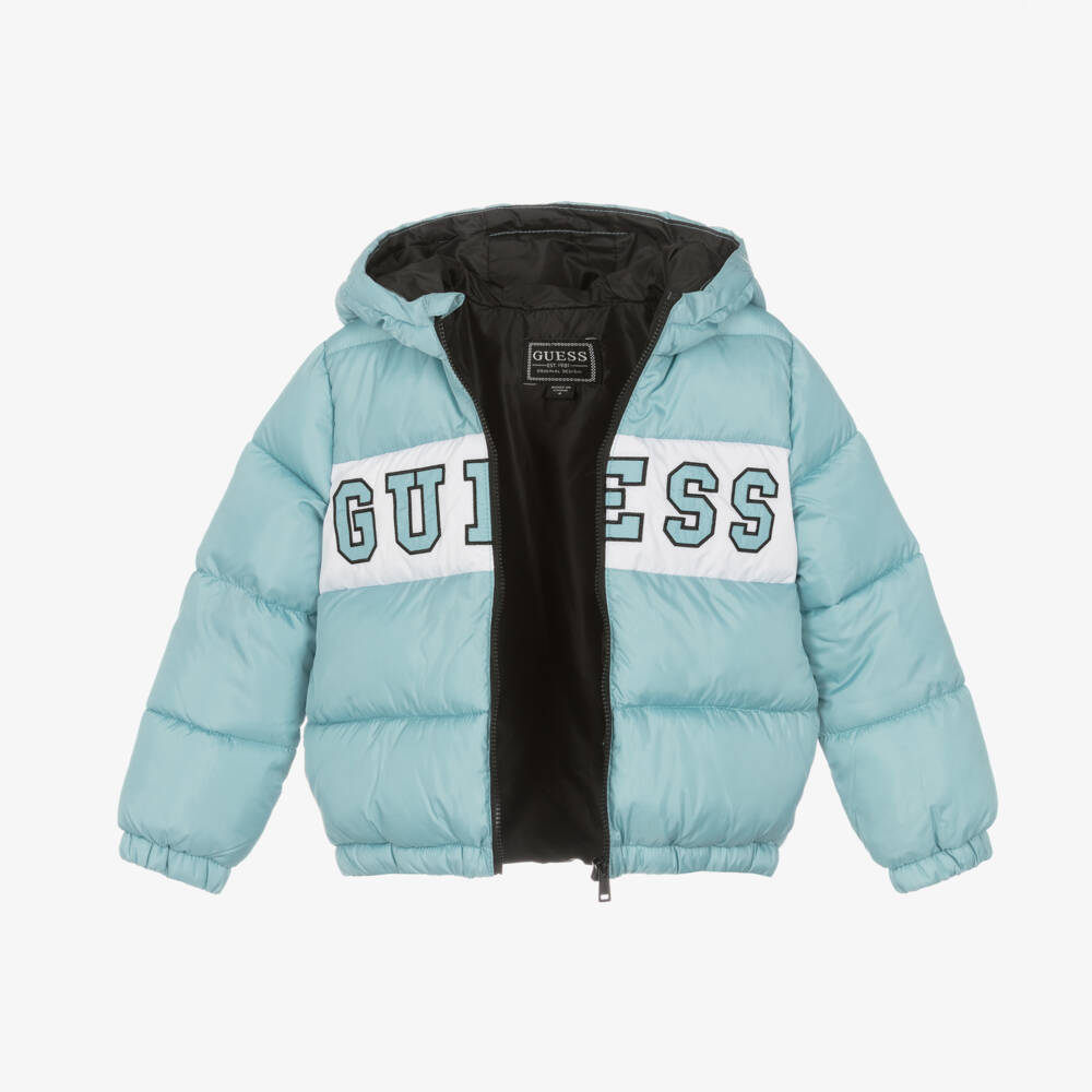 Guess-Boys Turquoise Hooded Puffer Coat | Childrensalon Outlet