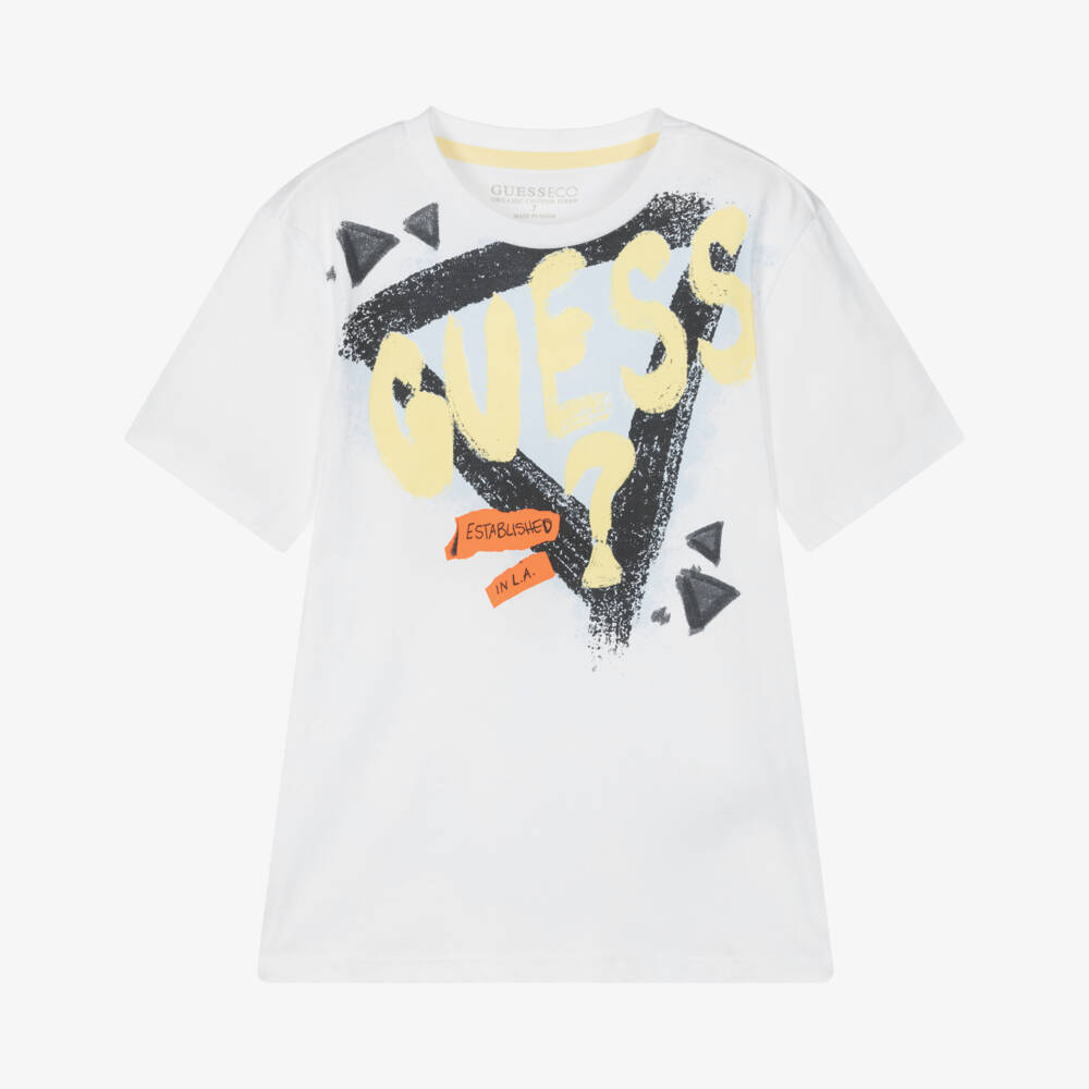 Guess-تي شيرت قطن أبيض برسومات للأولاد | Childrensalon Outlet