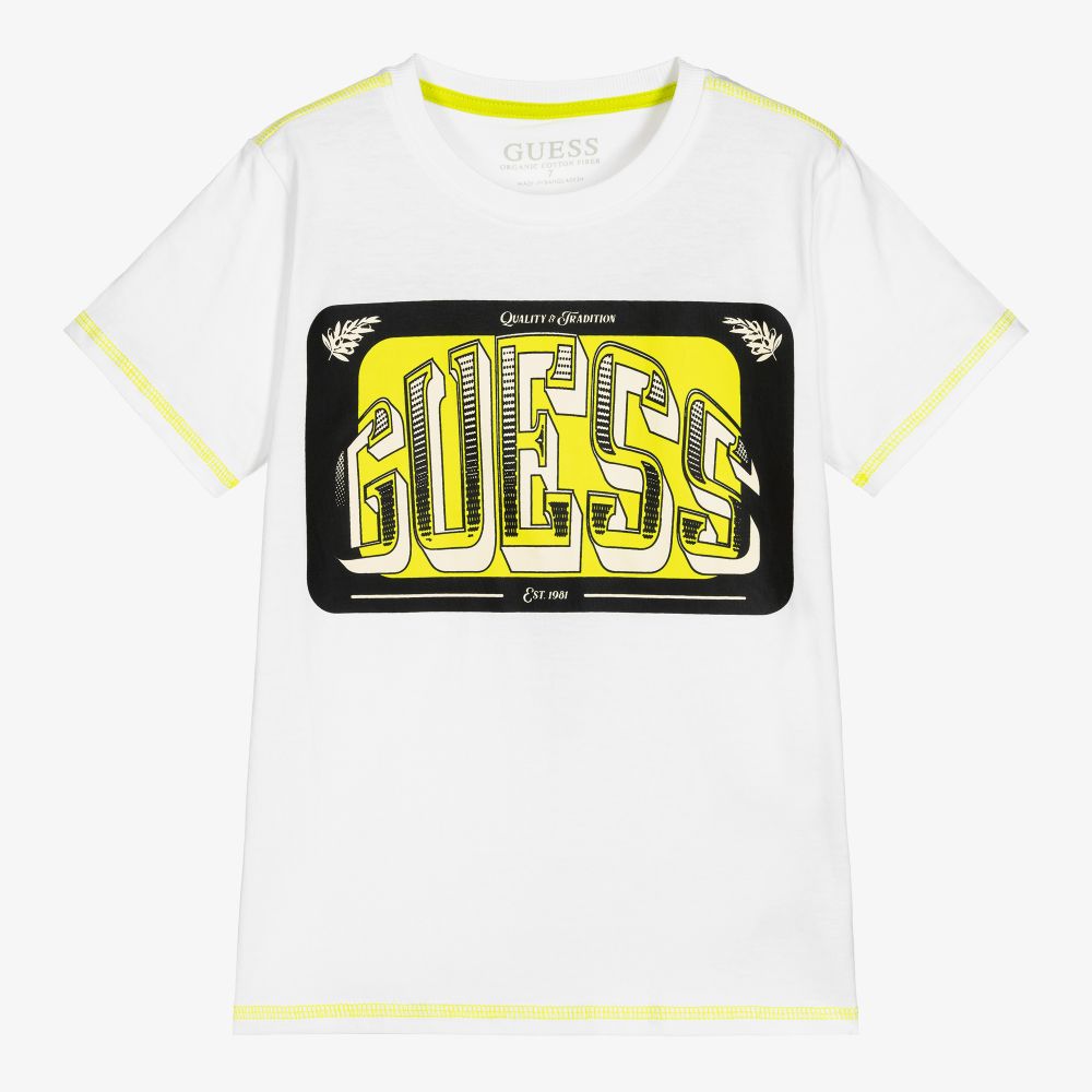Guess - Boys White Cotton Logo T-Shirt | Childrensalon