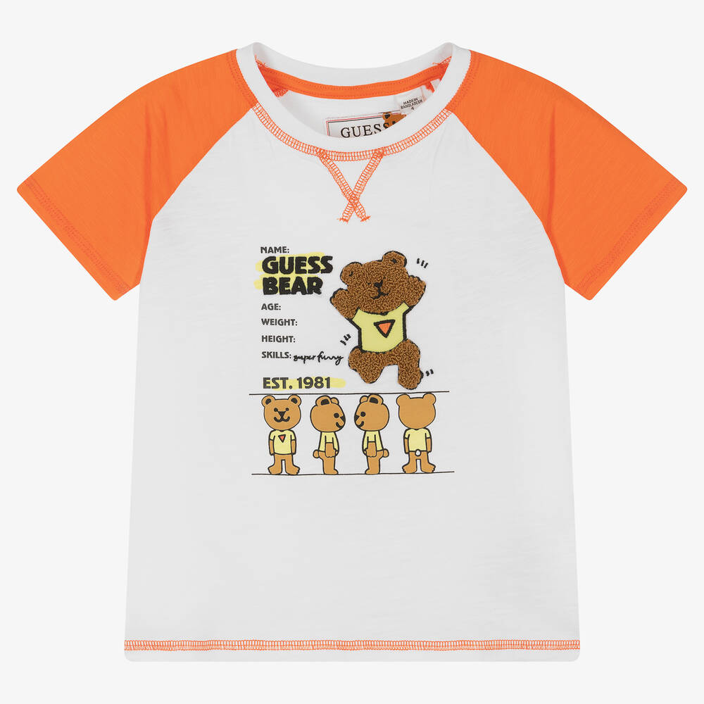 Guess - Weißes Baumwoll-T-Shirt mit Teddy | Childrensalon