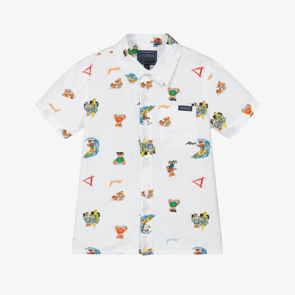 Guess-Boys White Cotton Teddy Print Shirt | Childrensalon Outlet