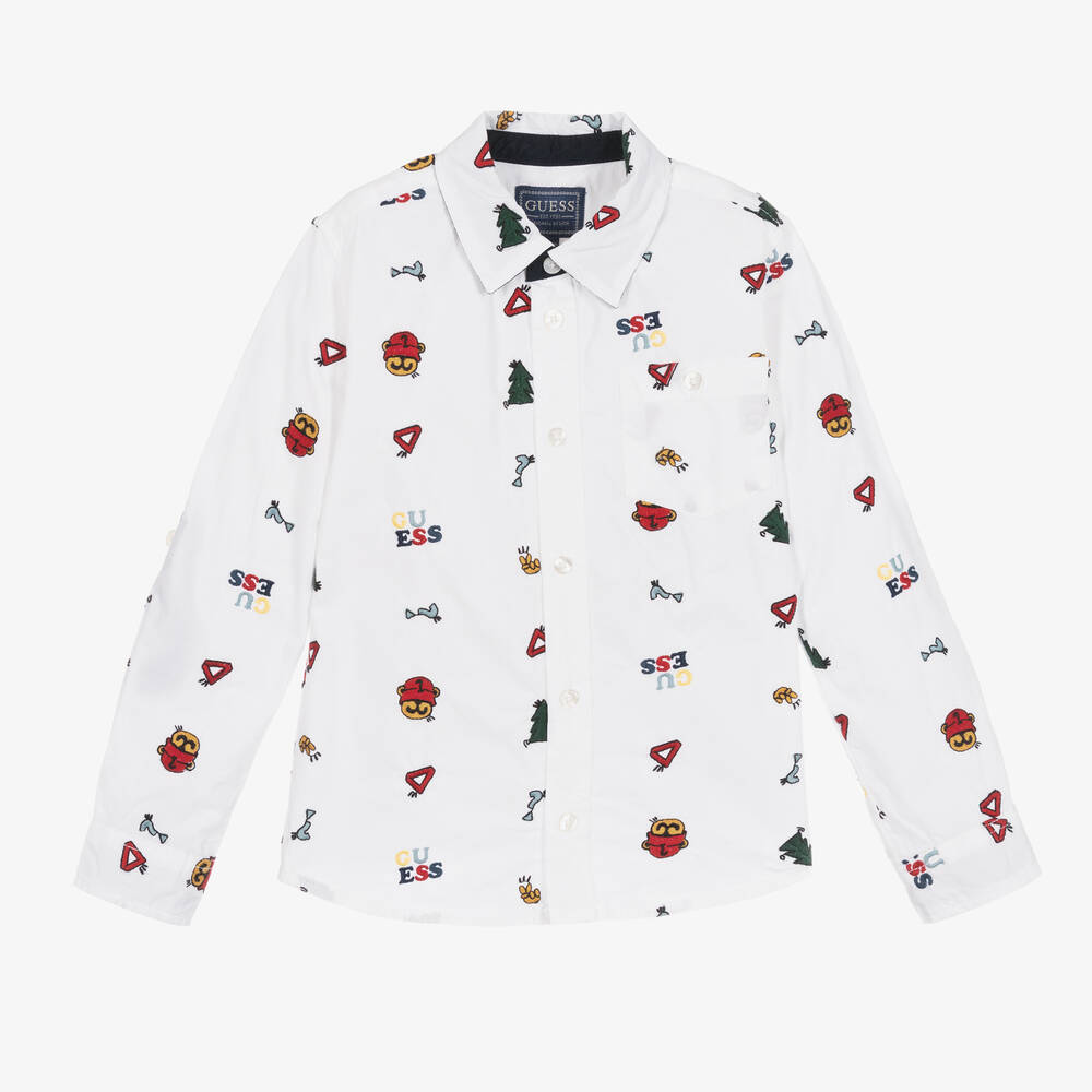 Guess - Boys White Embroidered Cotton Shirt | Childrensalon