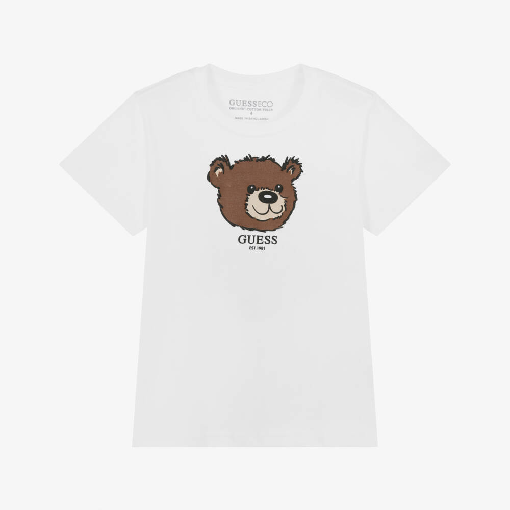 Guess-Boys White Organic Cotton Teddy Bear Logo T-Shirt | Childrensalon Outlet