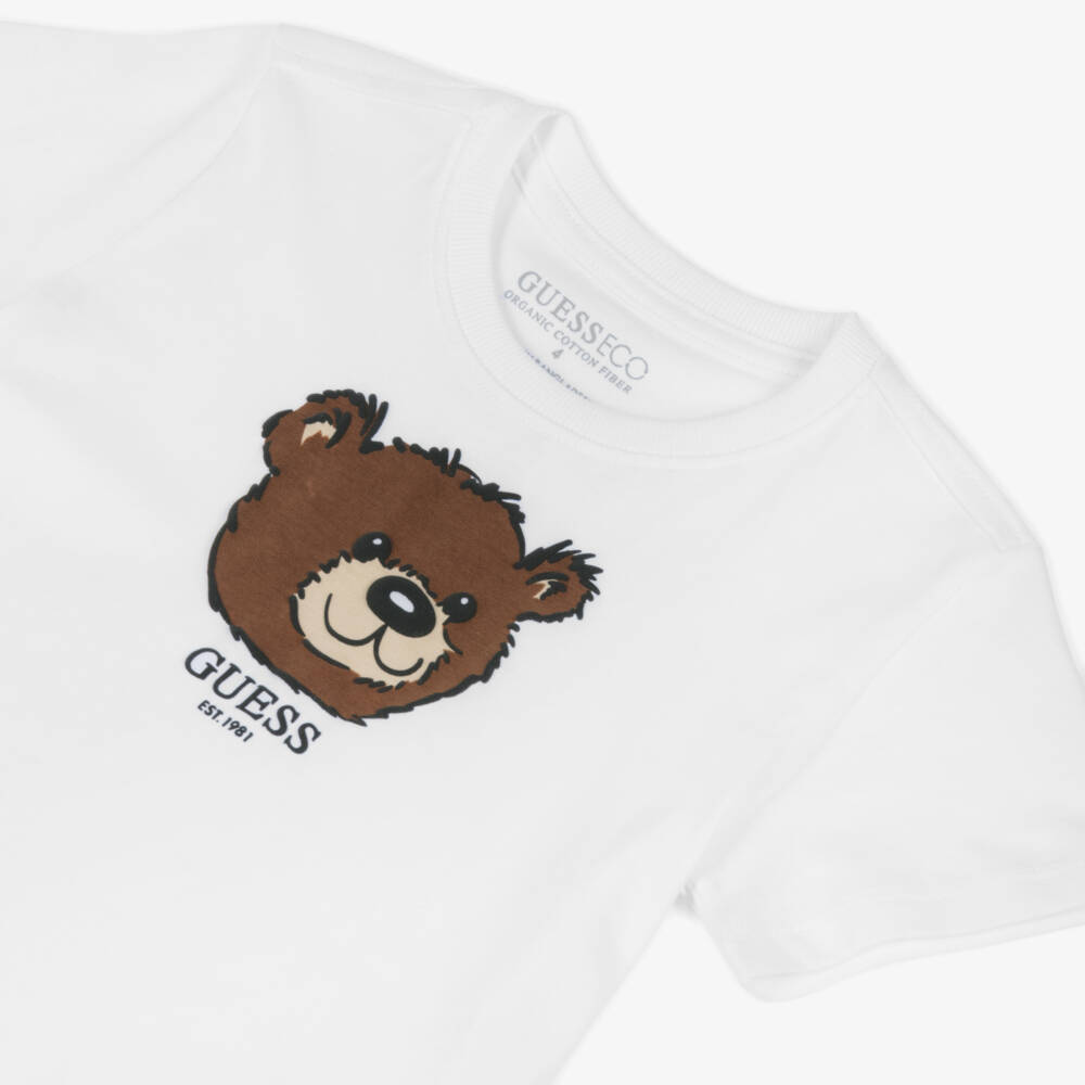 Guess-Boys White Organic Cotton Teddy Bear Logo T-Shirt | Childrensalon Outlet