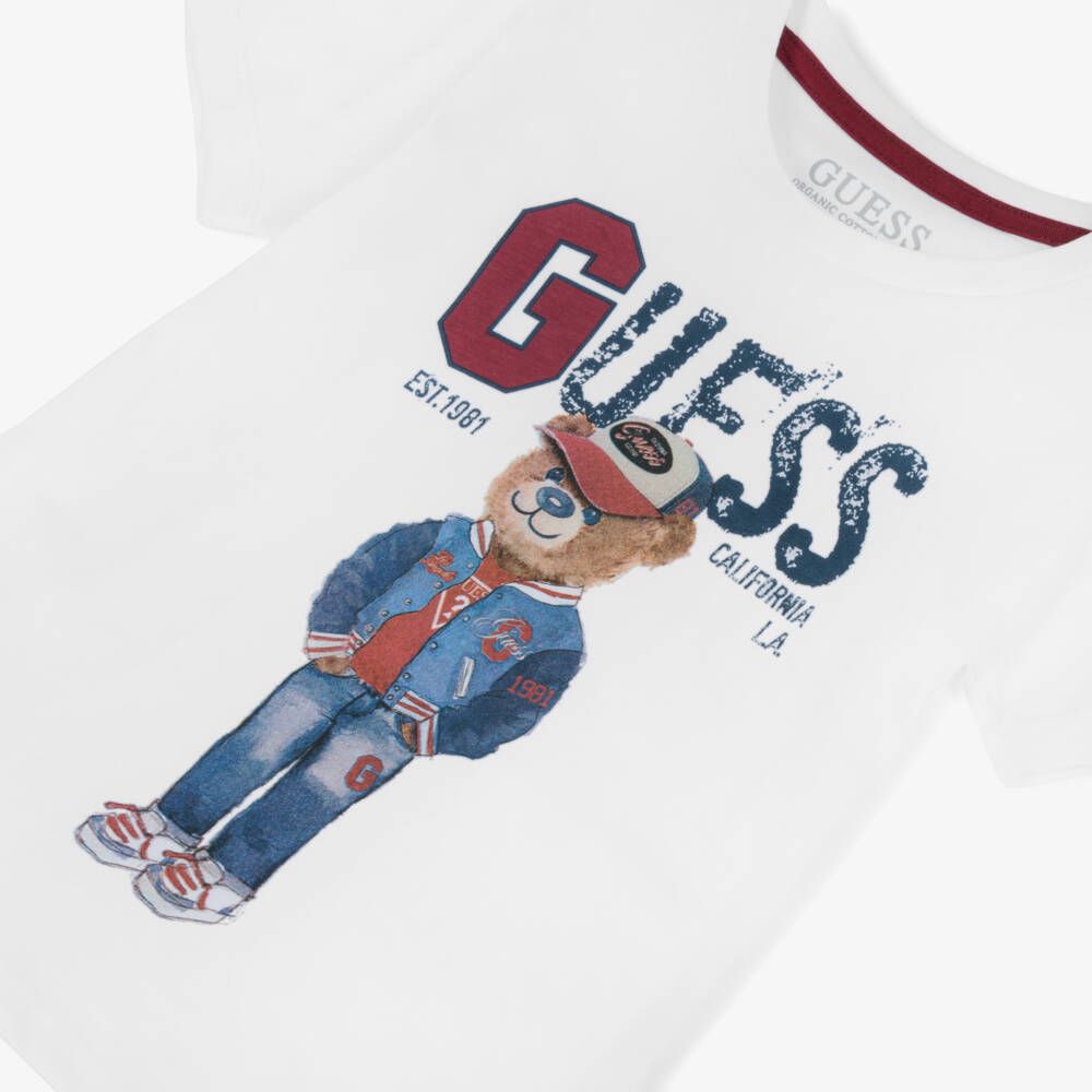 Guess-Boys White Organic Cotton Teddy Bear & Logo T-Shirt | Childrensalon Outlet
