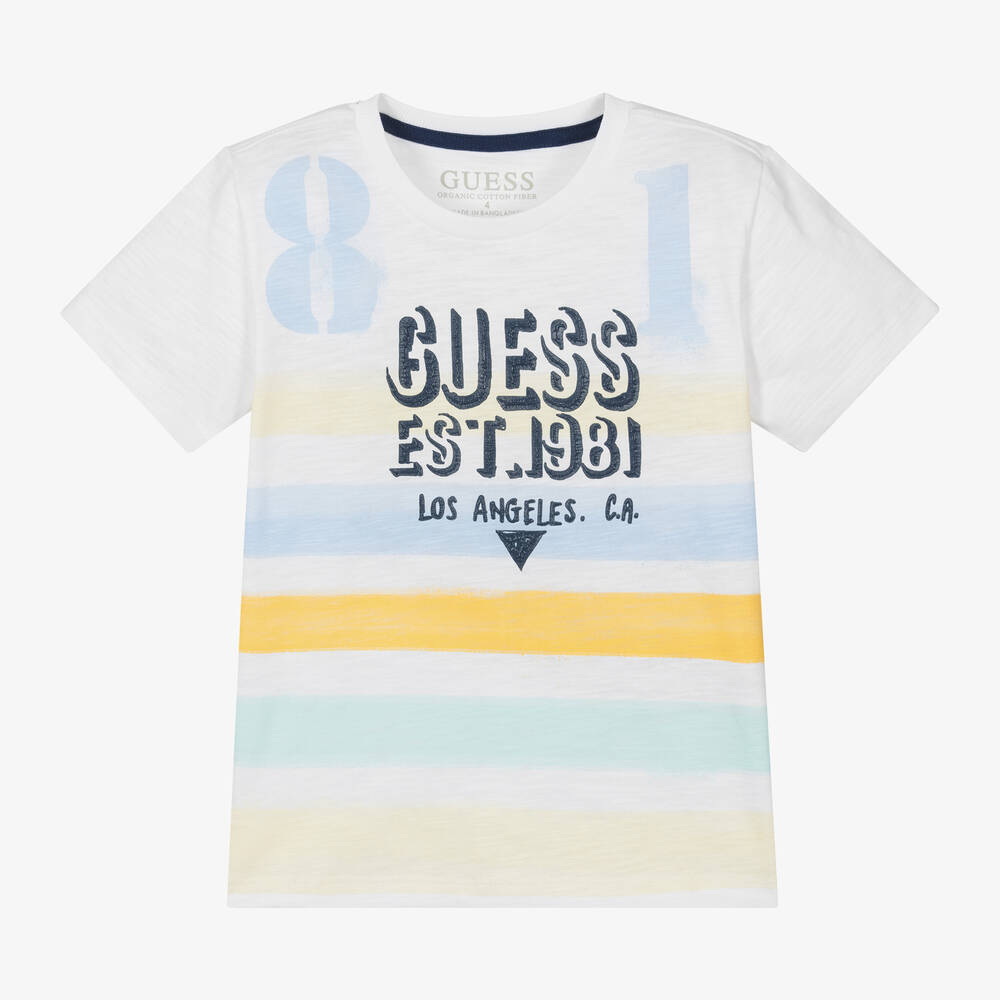 Guess-Boys White Striped Cotton T-Shirt | Childrensalon Outlet