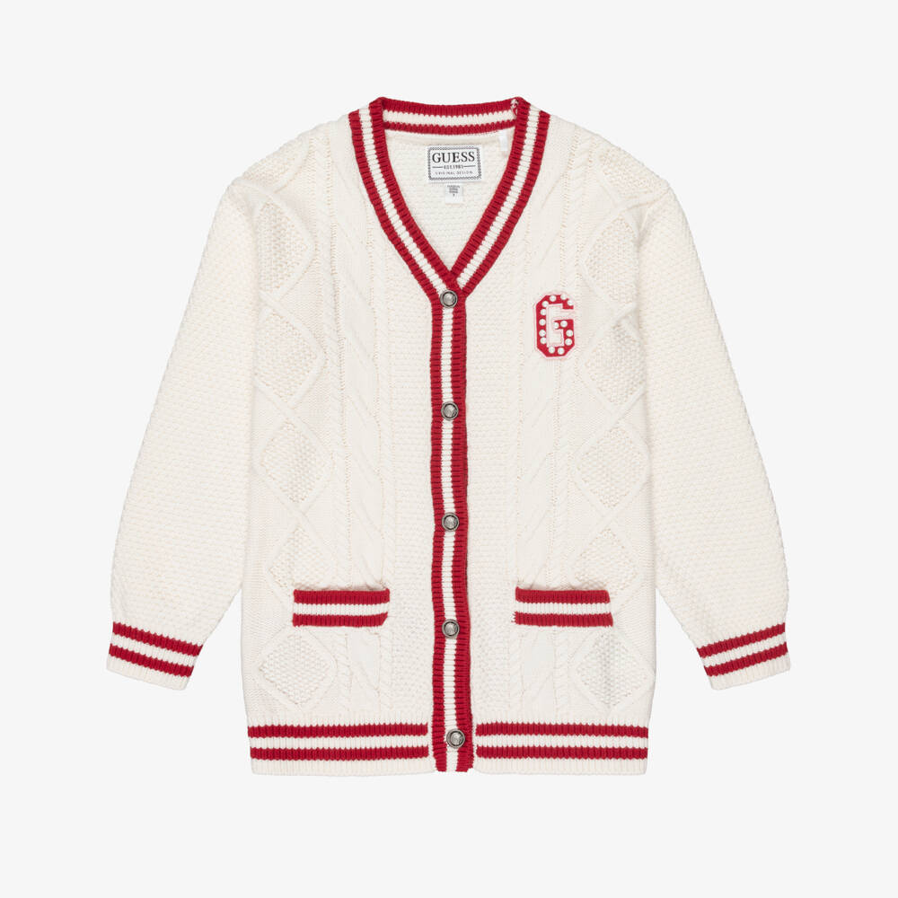 Guess-Cream Logo Cable Knit Cardigan | Childrensalon Outlet