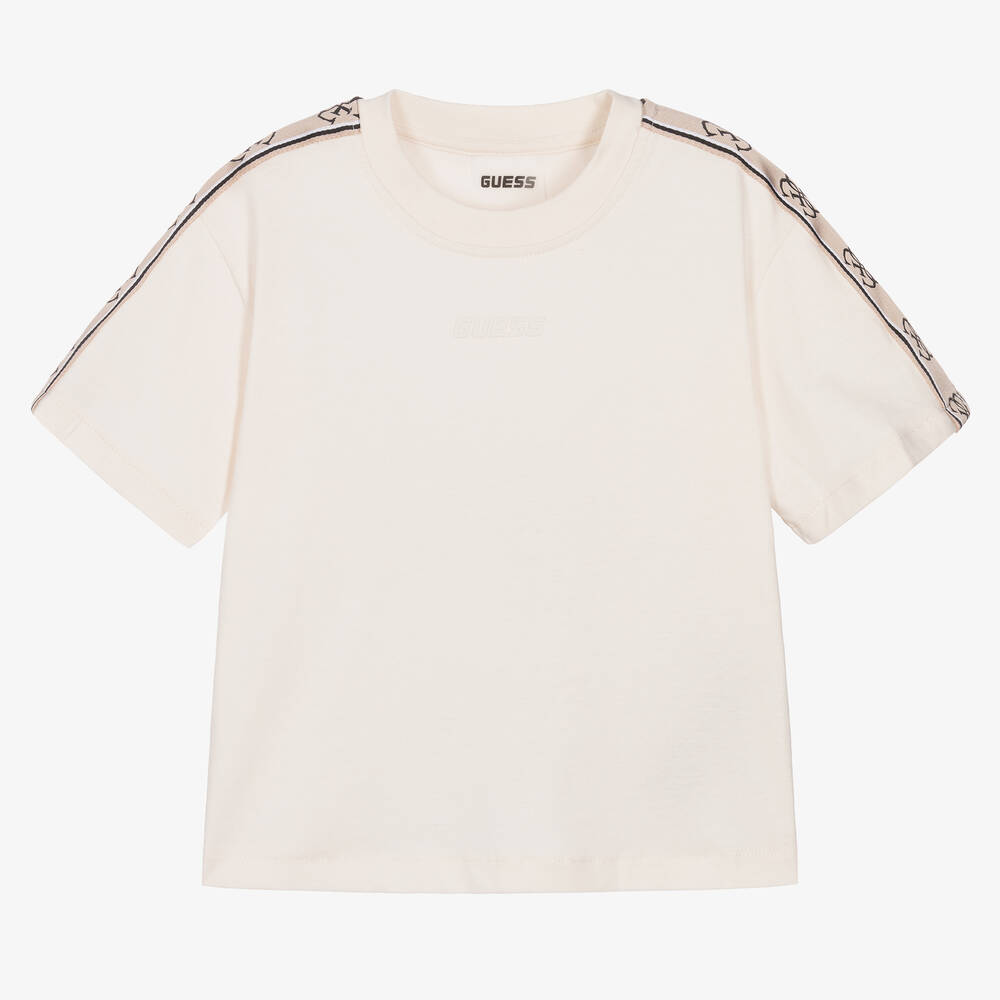 Guess - Girls Beige Cotton Logo T-Shirt | Childrensalon