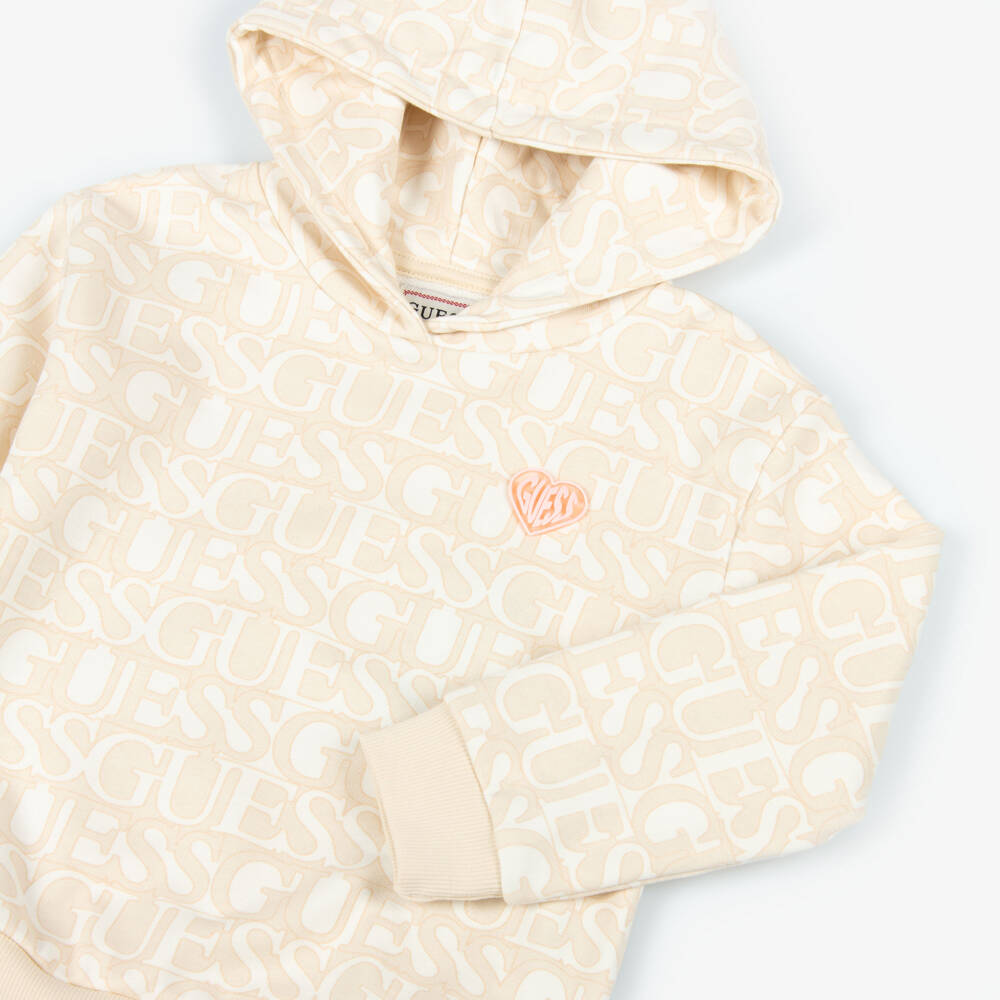 Guess-Girls Beige & Ivory Logo Cotton Hoodie | Childrensalon Outlet