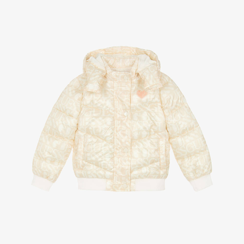 Guess-Girls Beige & Ivory Logo Puffer Jacket | Childrensalon Outlet