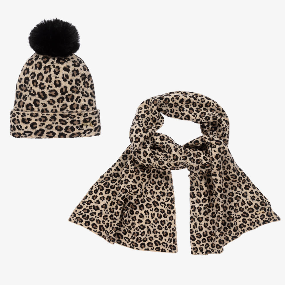 Guess - Girls Beige Leopard Hat Set | Childrensalon