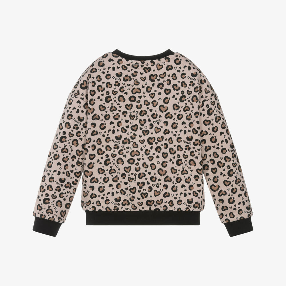 Guess-Girls Beige Leopard Print Sweatshirt with Triangle Logo | Childrensalon Outlet