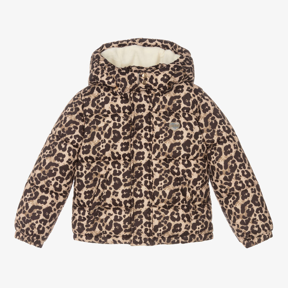 Guess - Girls Beige Leopard Puffer Jacket | Childrensalon